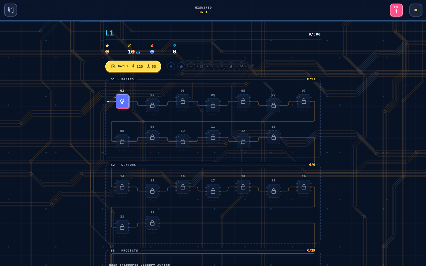The MISWIRED campaign board with circuit-board traces and mission chips