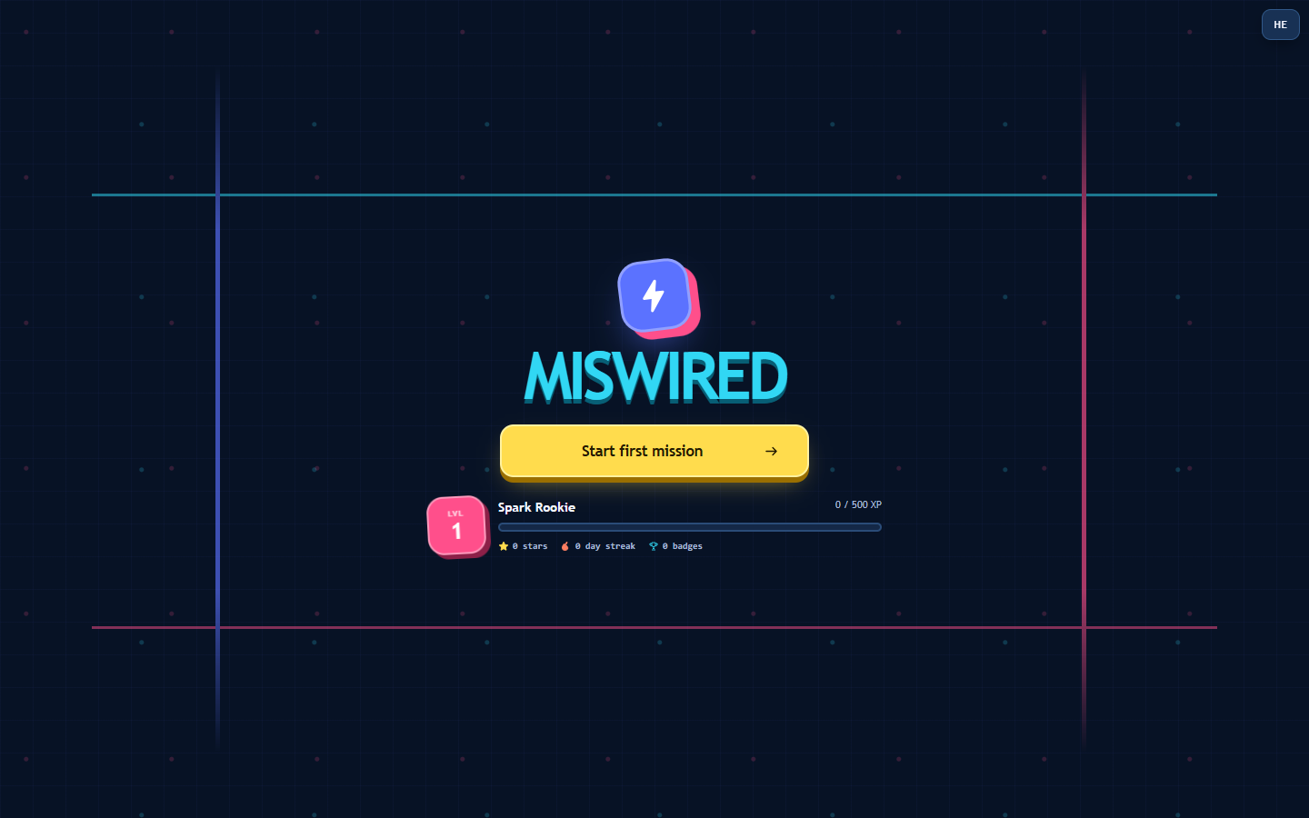 MISWIRED title screen with the start-first-mission button