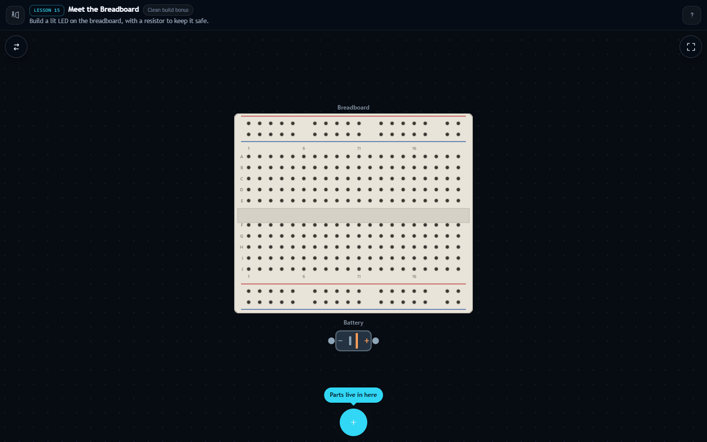 MISWIRED gameplay showing a battery and a breadboard ready to be wired on the game workbench
